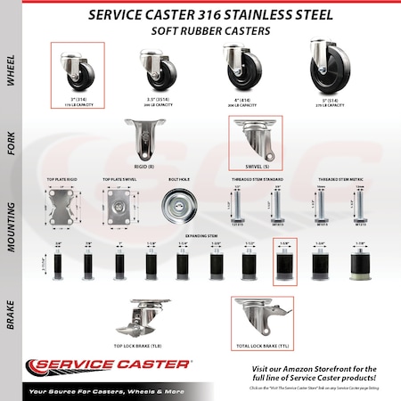 Service Caster 3 Inch 316SS Soft Rubber Swivel 1-5/8 Inch Stem Caster Lock Brake SCC, 2PK SCC-SS316TTLEX20S314-SRS-2-S-2-158